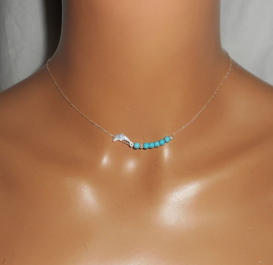 925 zilveren choker ketting met kleine dolfijn en turquoise stenen