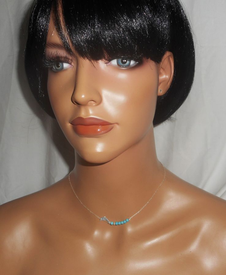 925 zilveren choker ketting met kleine dolfijn en turquoise stenen