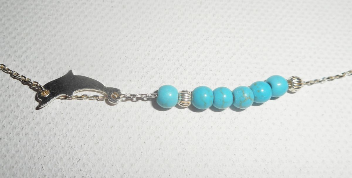 925 zilveren choker ketting met kleine dolfijn en turquoise stenen