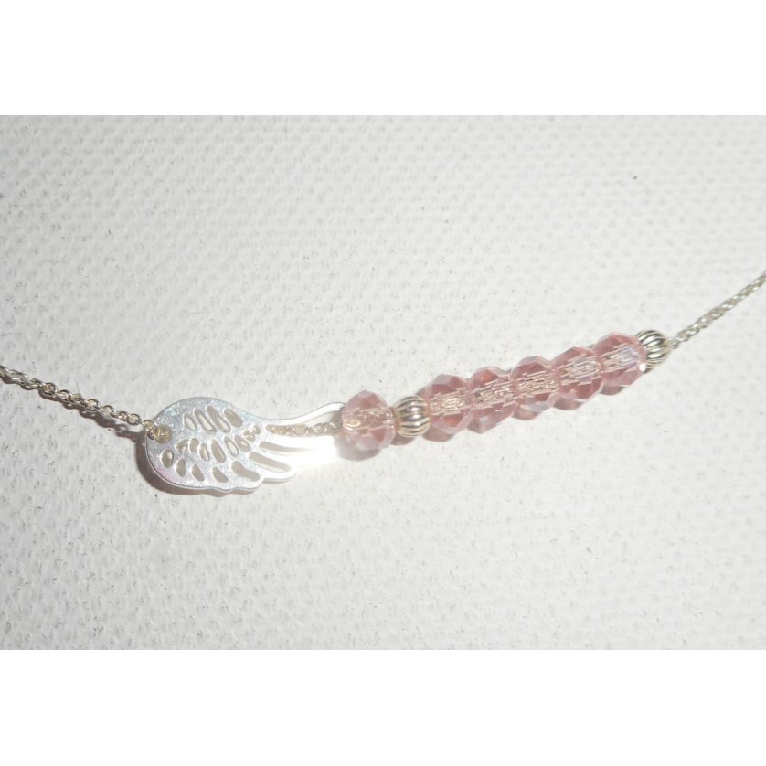 925 zilveren choker ketting met kleine vleugel en roze kristallen kralen