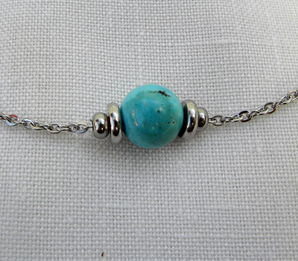Solitaire ketting met blauwe amazonietsteen en roestvrijstalen kralen