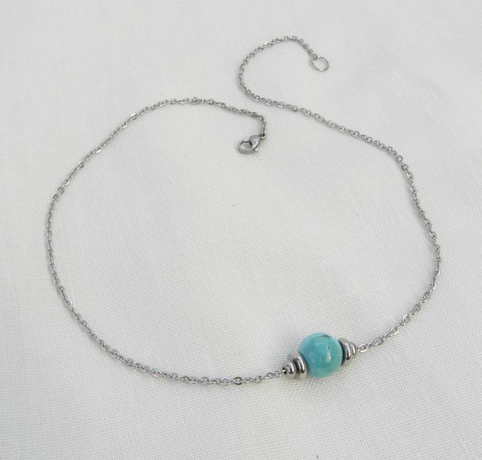 Solitaire ketting met blauwe amazonietsteen en roestvrijstalen kralen