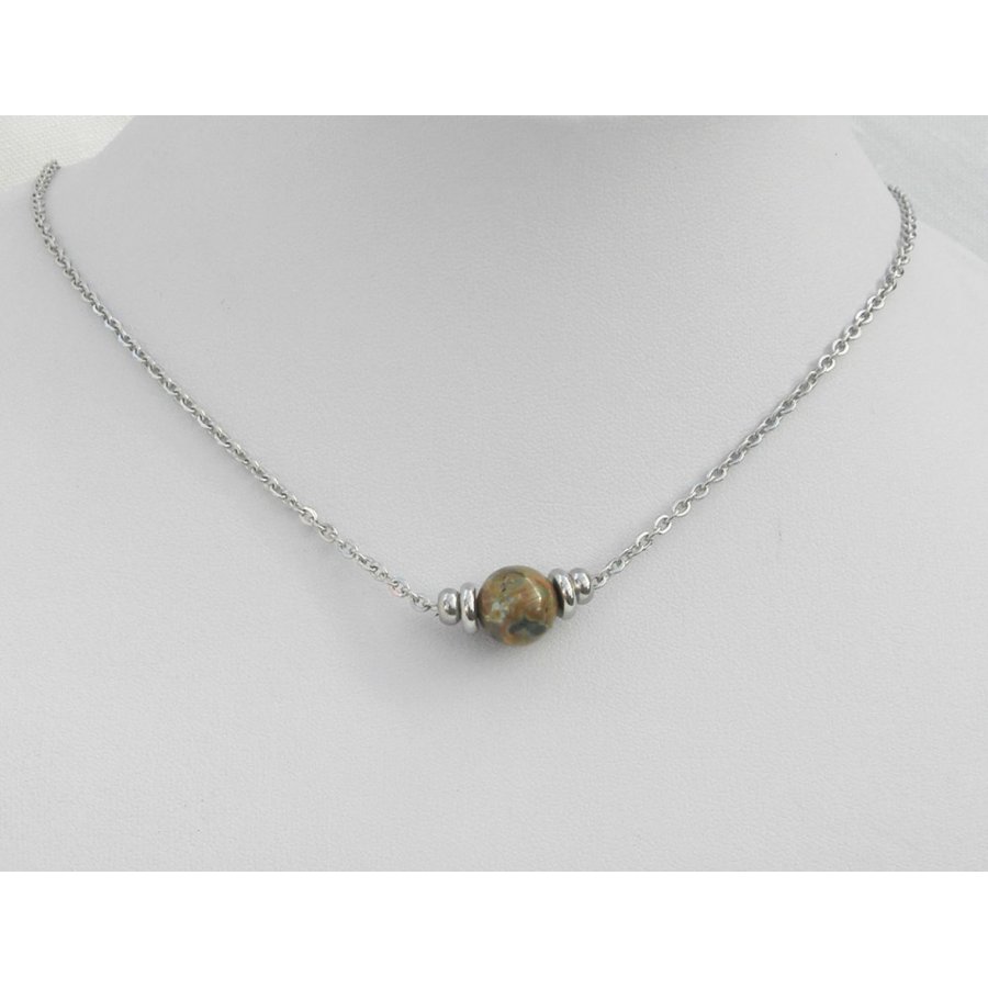 Solitaire ketting met ronde jaspissteen en roestvrijstalen kralen
