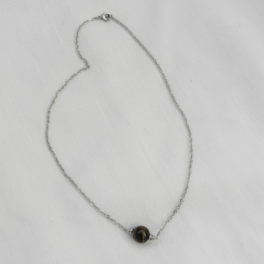Solitaire ketting met tijgeroogsteen en roestvrijstalen kralen