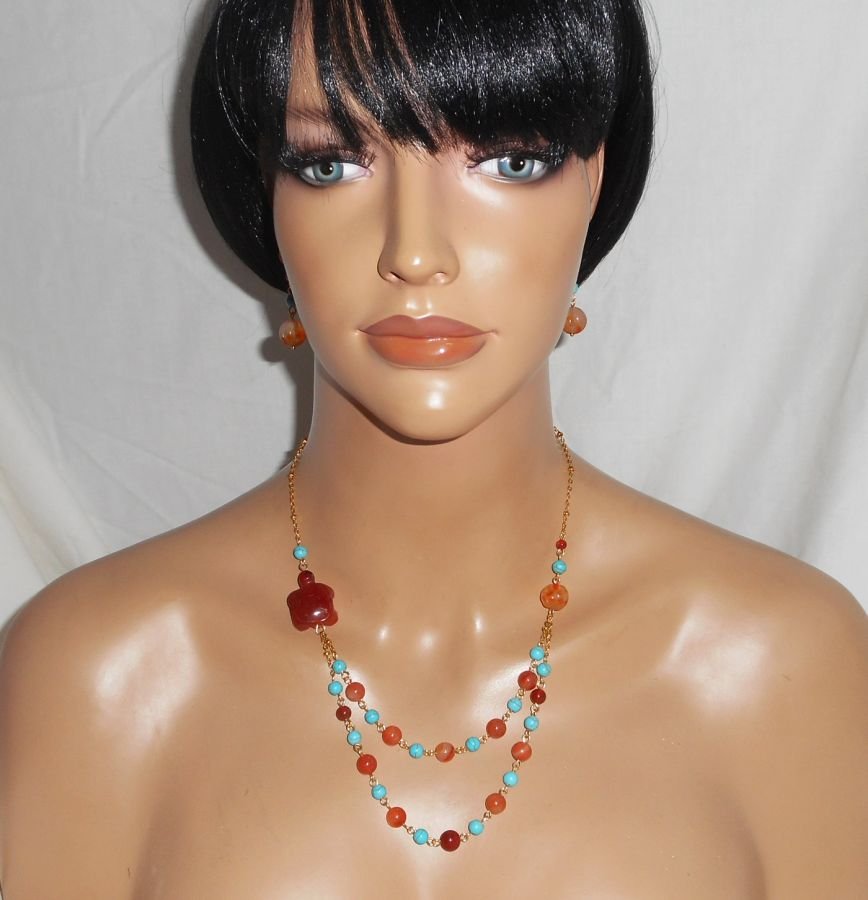 Schildpad ketting met carneool en turquoise stenen 