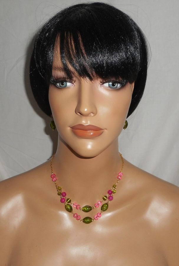 Murano glas en roze en groen kristal ketting aan stalen ketting