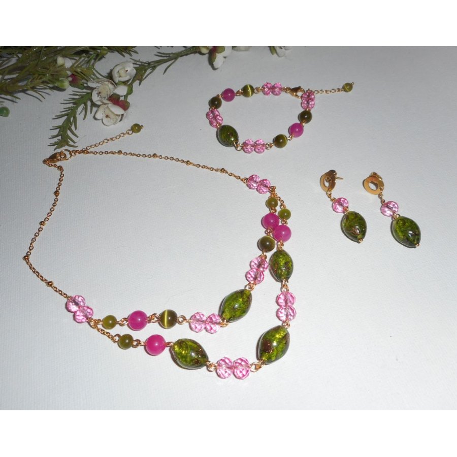 Murano glas en roze en groen kristal ketting aan stalen ketting