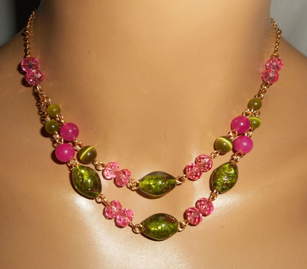 Murano glas en roze en groen kristal ketting aan stalen ketting