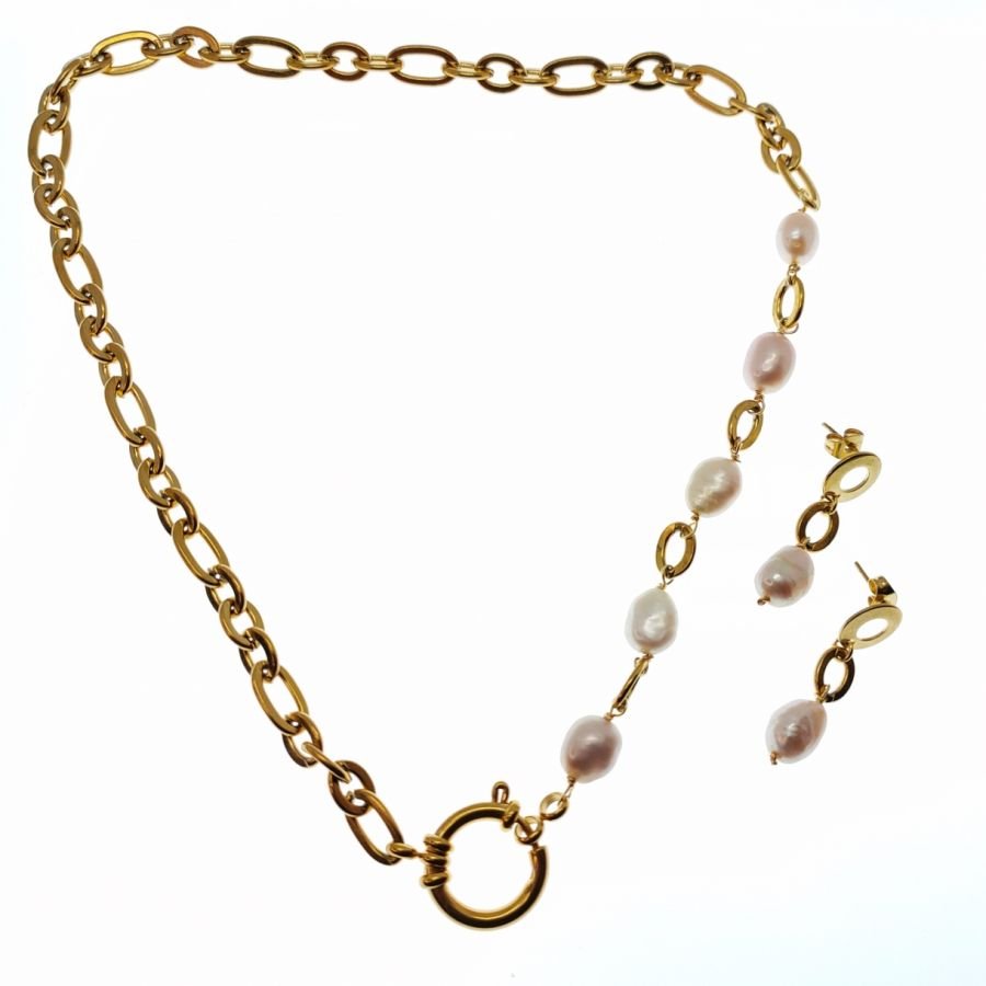  Ketting met grote ketting en barokke gekweekte parels