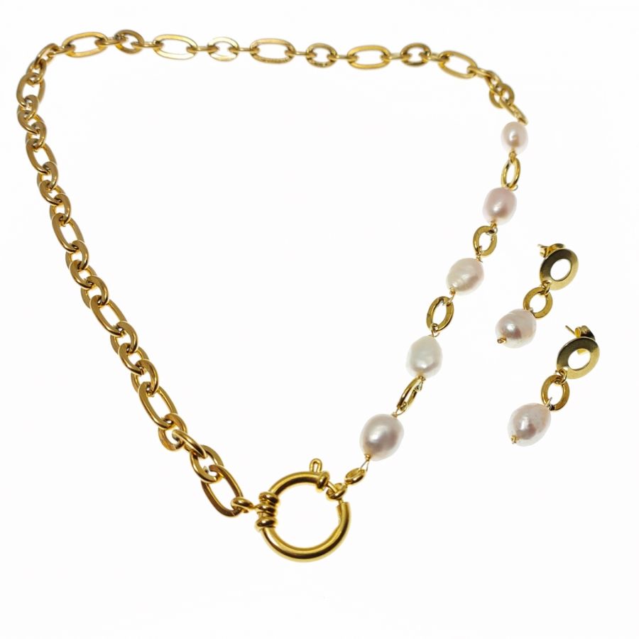  Ketting met grote ketting en barokke gekweekte parels