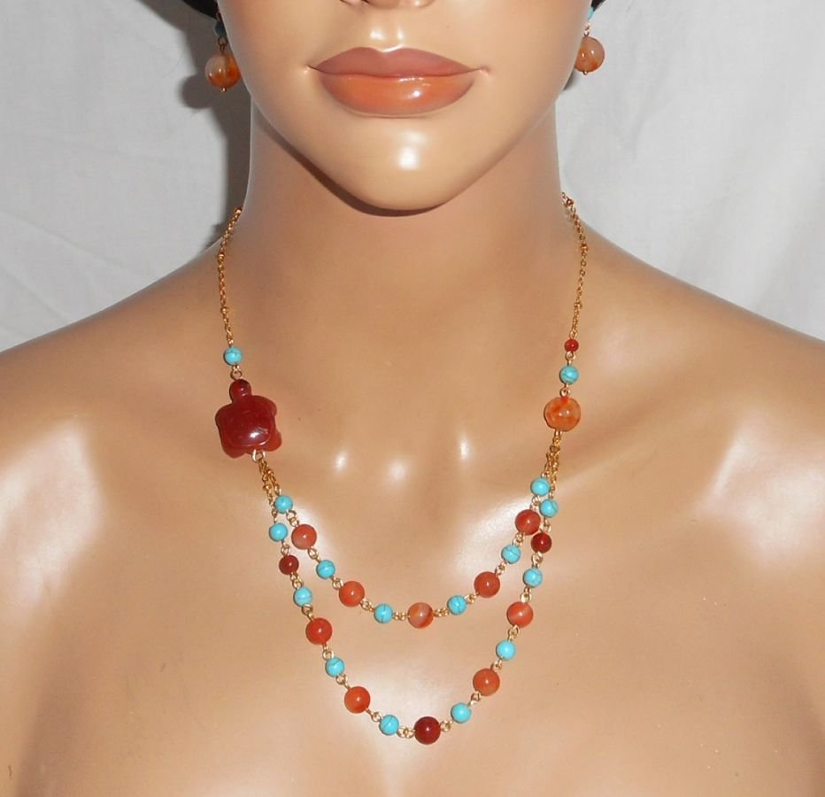 Schildpad ketting met carneool en turquoise stenen 