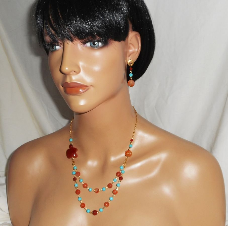 Schildpad ketting met carneool en turquoise stenen 