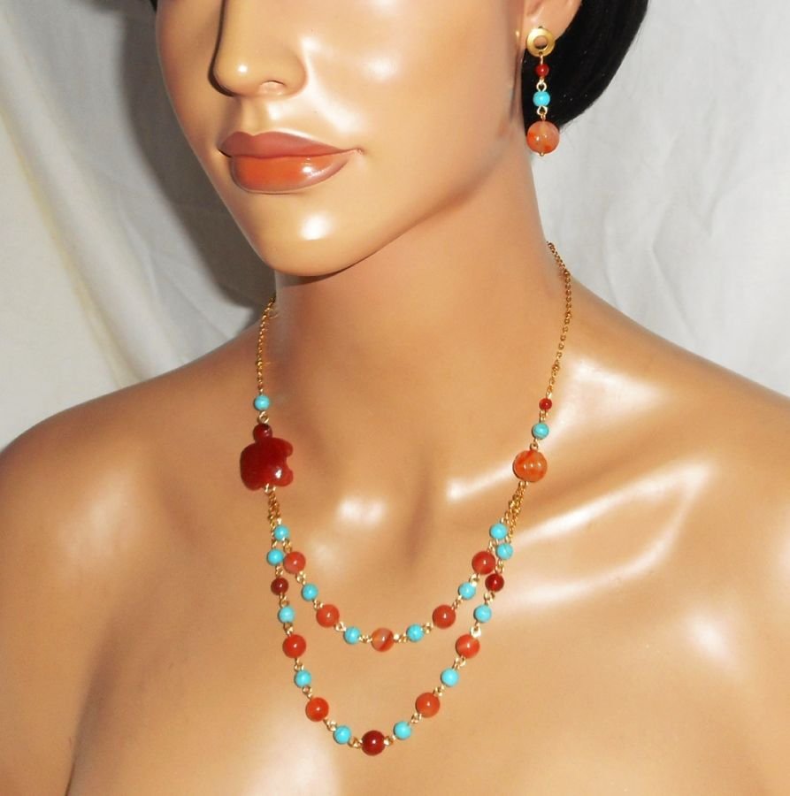 Schildpad ketting met carneool en turquoise stenen 