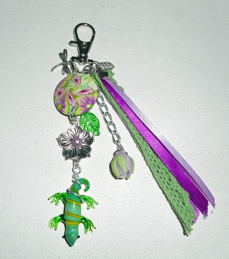 Glazen gekko sleutelhanger/tas sieraden met klei bloemen kralen en linten