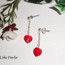Oorbellen met rode Swarovski hart ketting, zilver 925