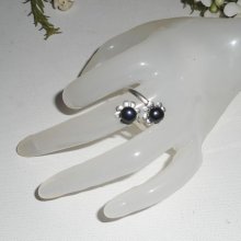 Originele 925 zilveren ring met bloem en zwarte gekweekte parel