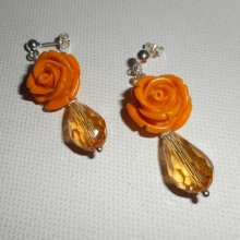Oorbellen met mosterdroosje en bohemien kristallen druppels, zilver 925