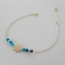 Blauwe agaat stenen armband met roer aan 925 zilveren ketting