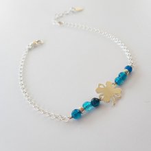 Kleine blauwe agaat stenen armband met klavertje aan 925 zilveren ketting