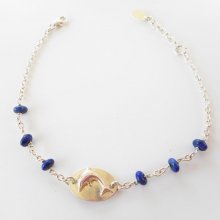 Dolfijn medaille armband met blauwe stenen aan 925 zilveren ketting