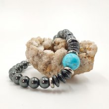 Armband met grijze hematiet en blauwe amazonietstenen